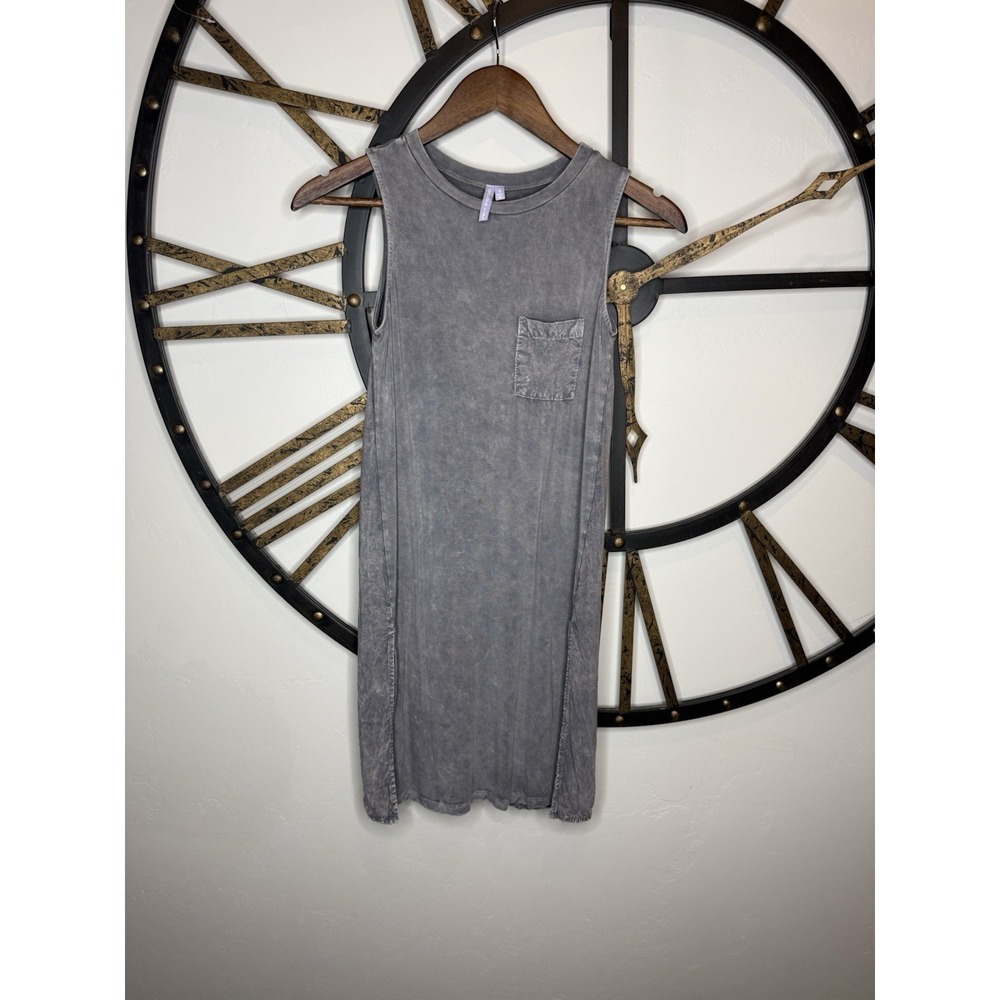 Good Luck Girl Gray Knit Sleeveless Tank Dress Pocket Side Slits Size S